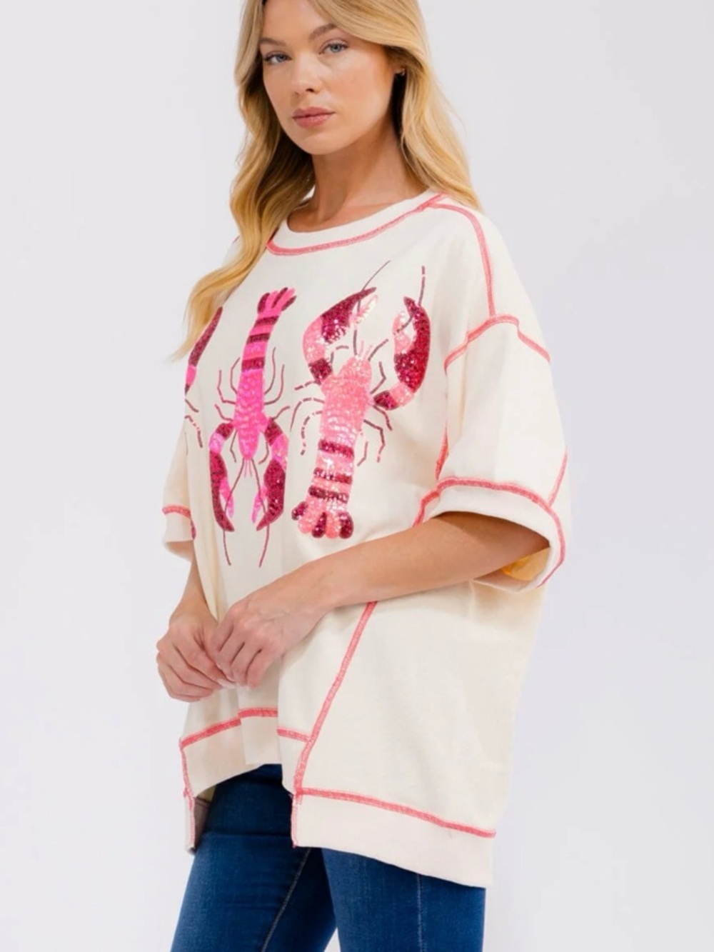 New nwt fantastic fawn lobster sequin ss top so adorable! M - Picture 2 of 3